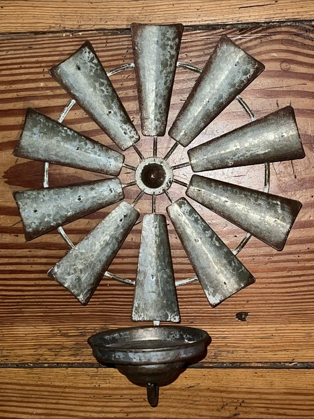 Rustic Metal Windmill Tea Light Holder - Weathered Green Patina Farmhouse